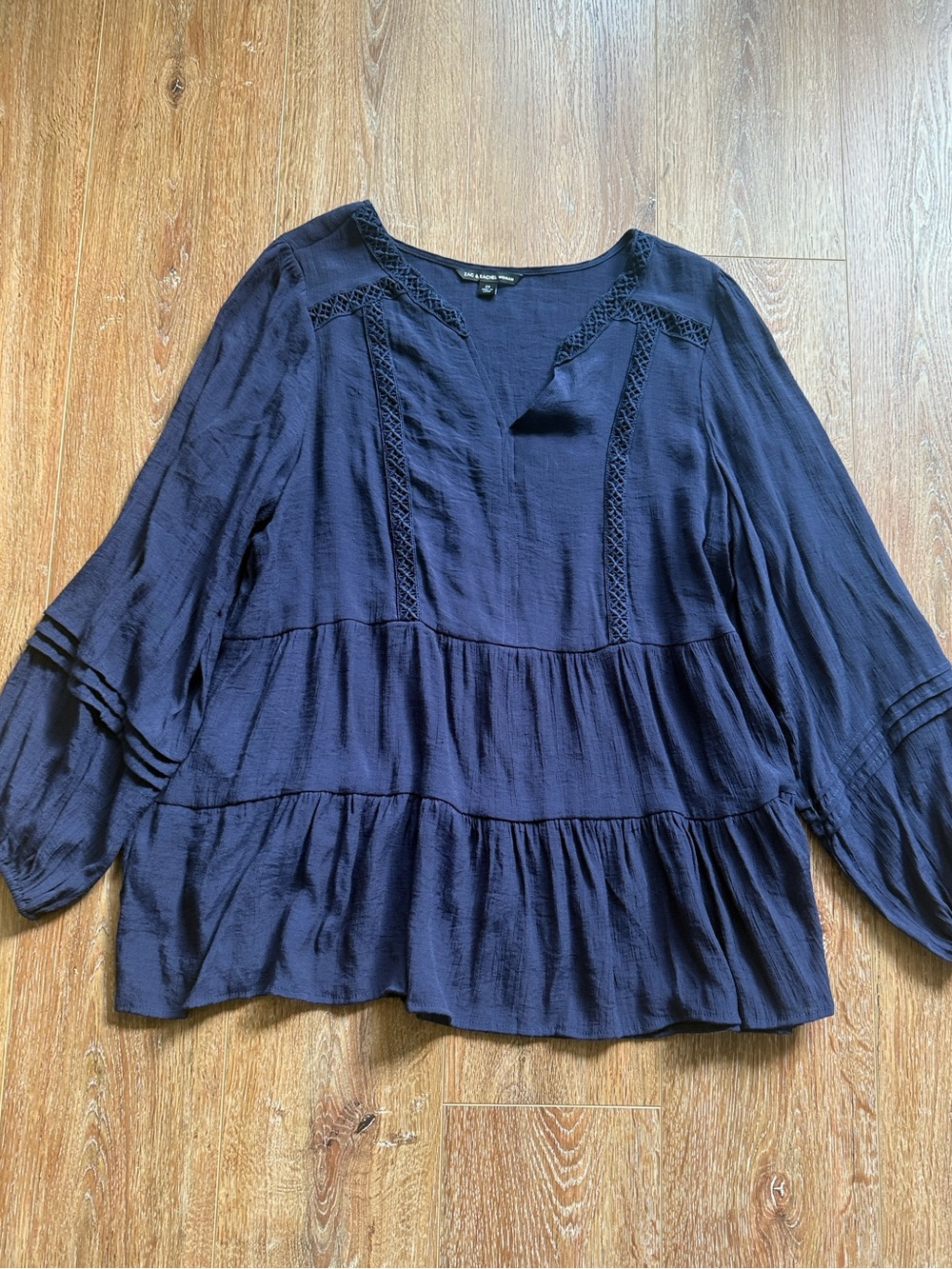 3/$20 Zac & Rachel Navy Crochet-Trim Peasant Tunic Boho 70s Hippie